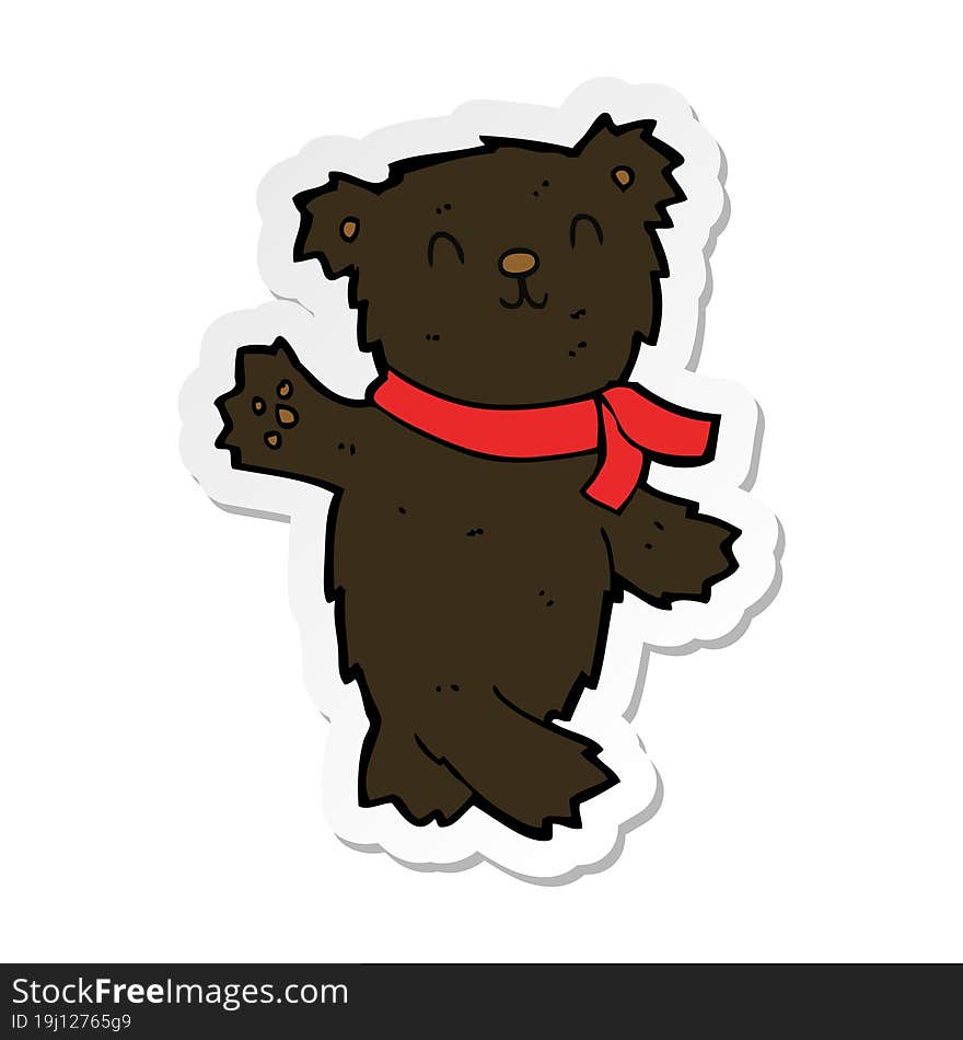 sticker of a cartoon waving teddy black bear