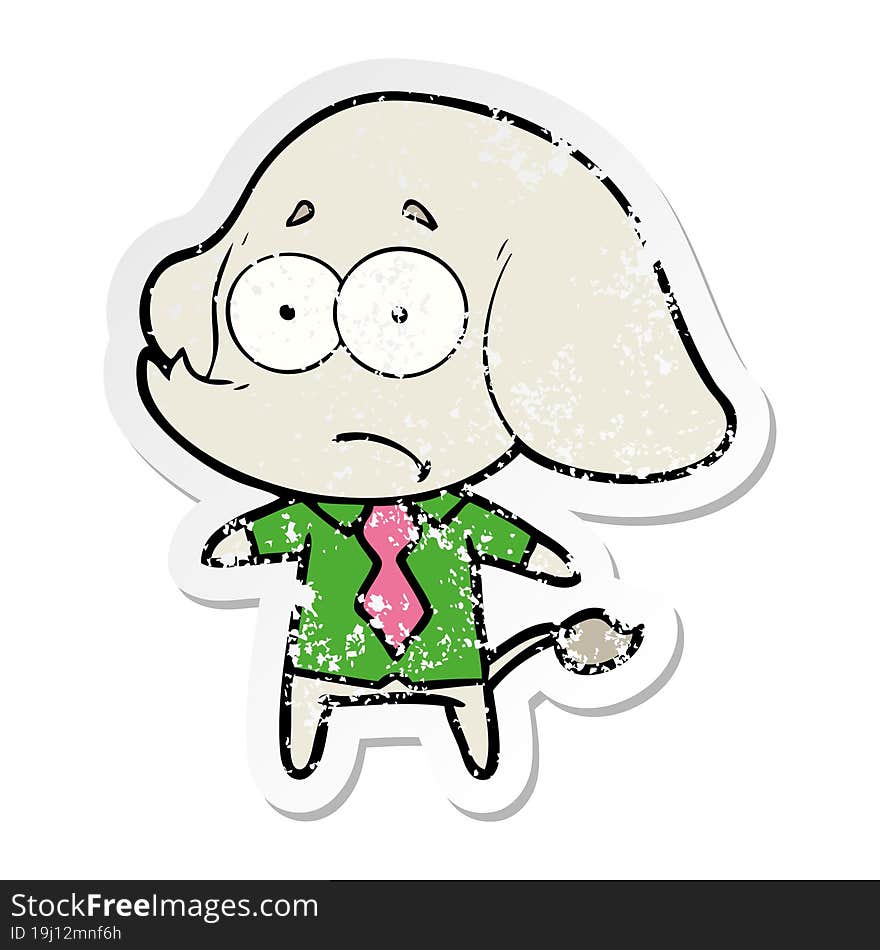 distressed sticker of a cartoon unsure elephant in shirt and tie