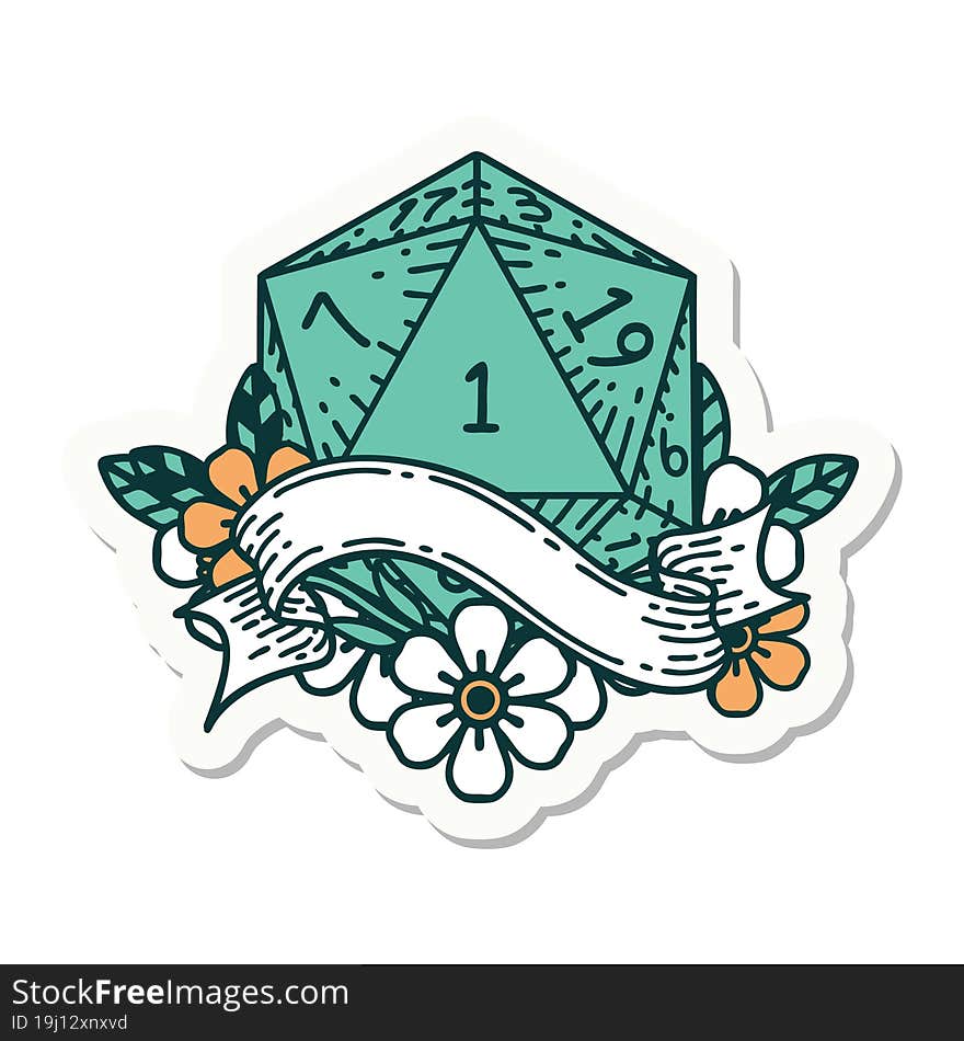 sticker of a natural one d20 dice roll. sticker of a natural one d20 dice roll