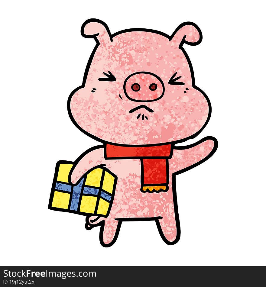 cartoon angry pig with christmas present. cartoon angry pig with christmas present