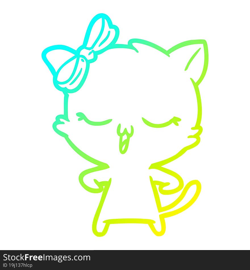 cold gradient line drawing cartoon cat with bow on head