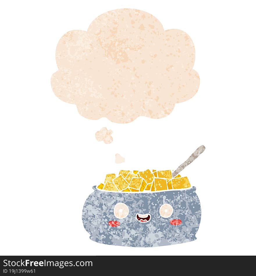 Cute Cartoon Bowl Of Sugar And Thought Bubble In Retro Textured Style