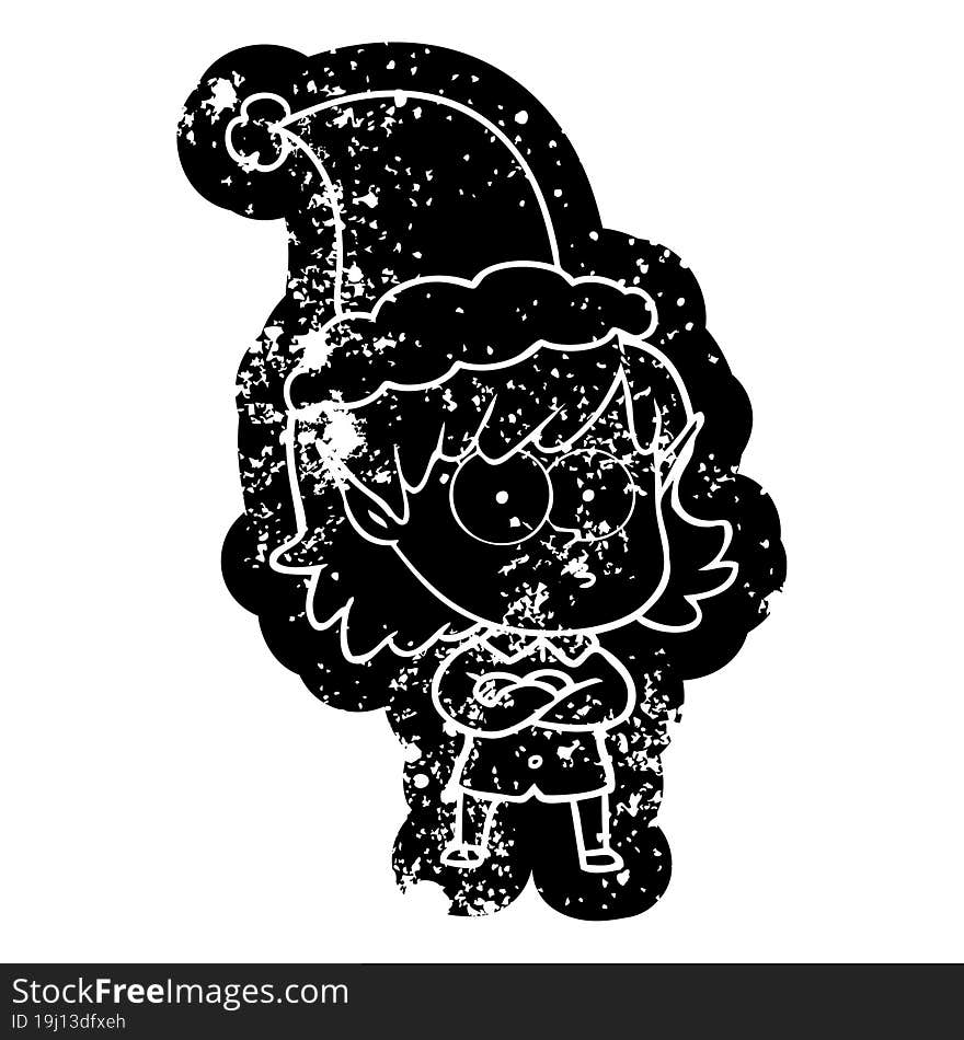 Cartoon Distressed Icon Of A Elf Girl Staring Wearing Santa Hat