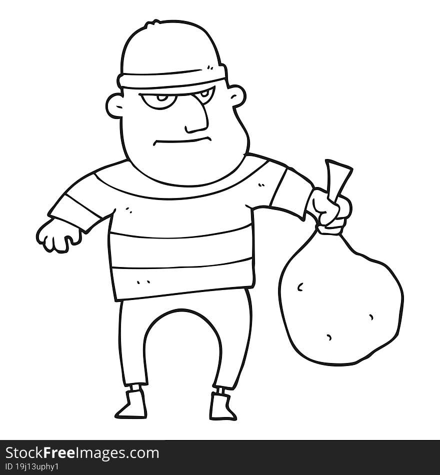 freehand drawn black and white cartoon burglar with loot bag