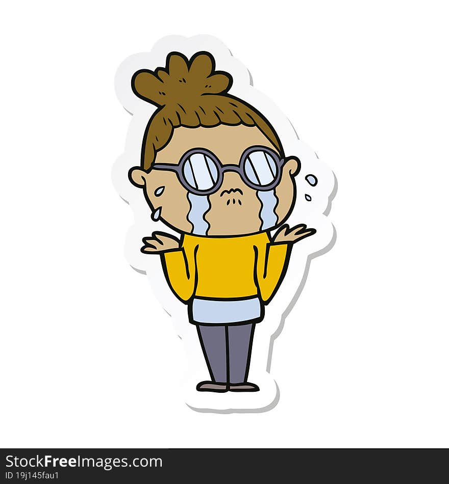 sticker of a cartoon crying woman wearing spectacles