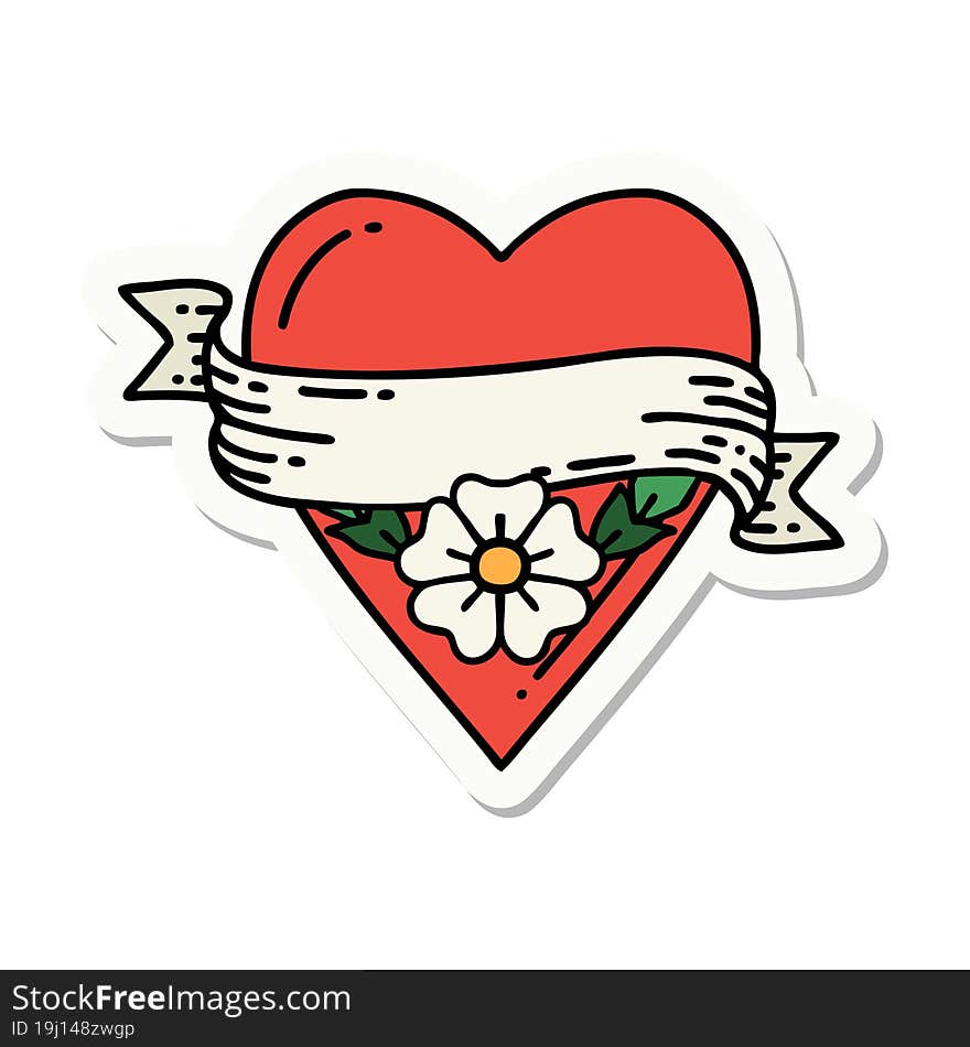 sticker of tattoo in traditional style of a heart flower and banner. sticker of tattoo in traditional style of a heart flower and banner