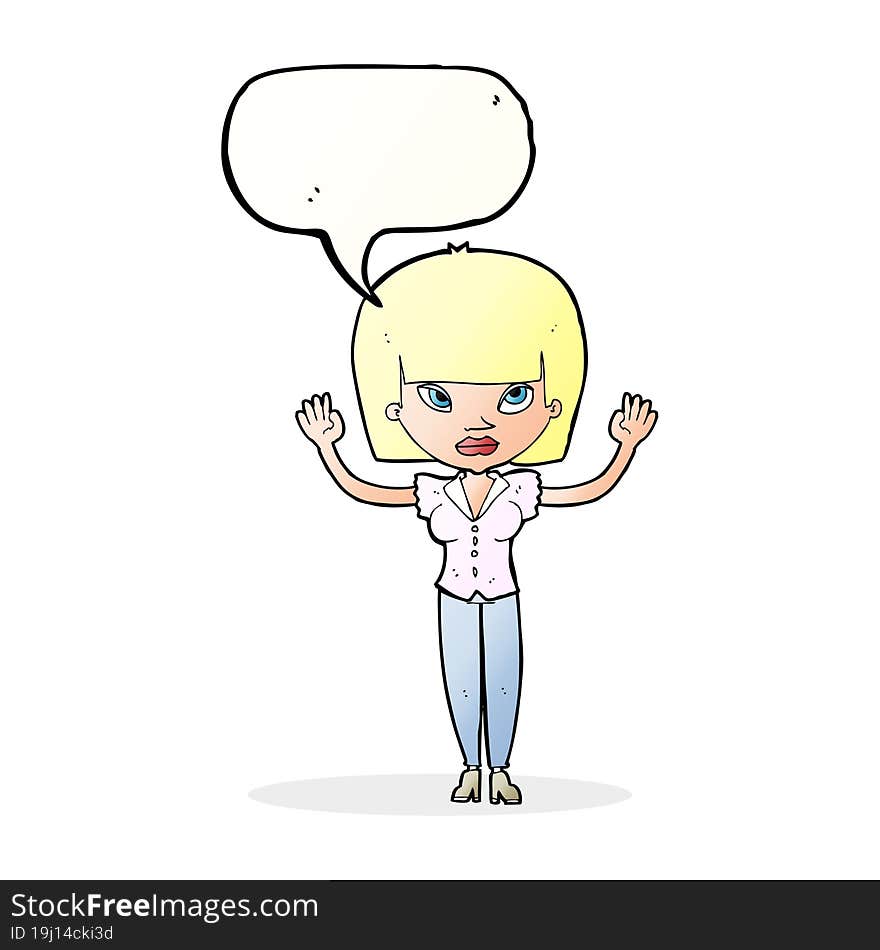 cartoon woman with raised hands with speech bubble