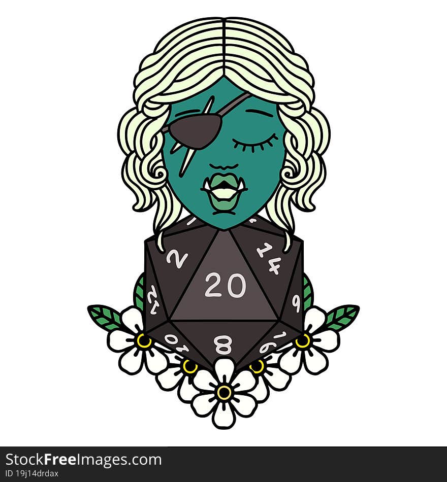 half orc rogue with natural twenty dice roll illustration