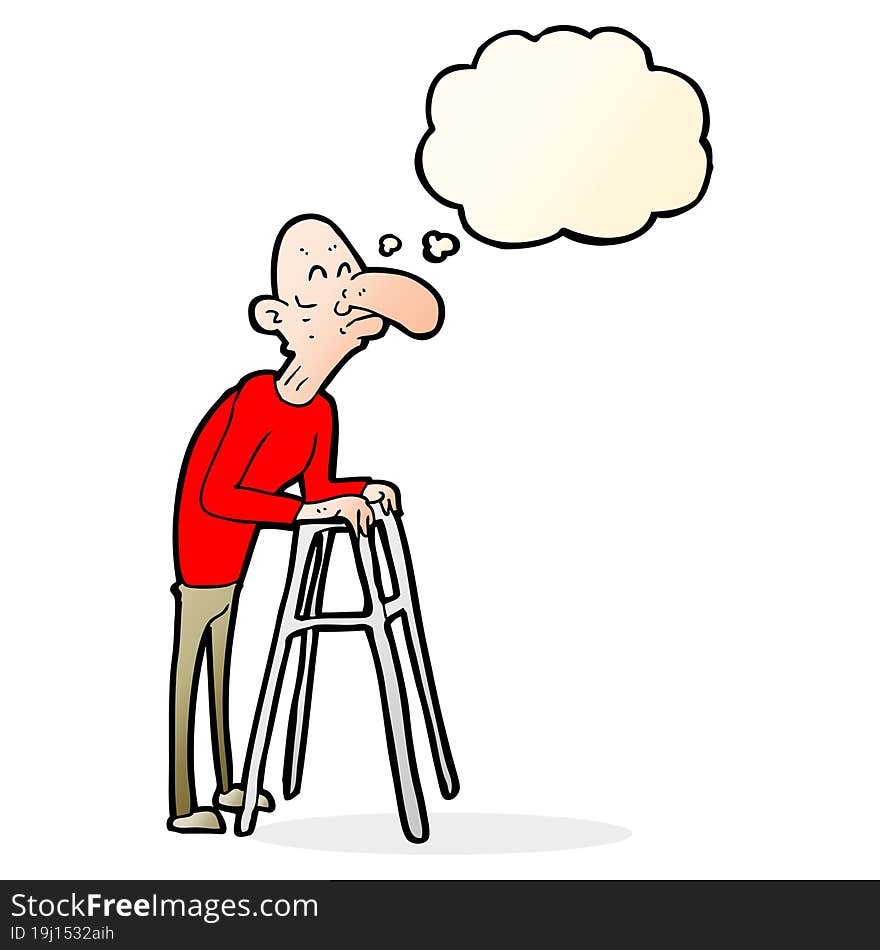 Cartoon Old Man With Walking Frame With Thought Bubble