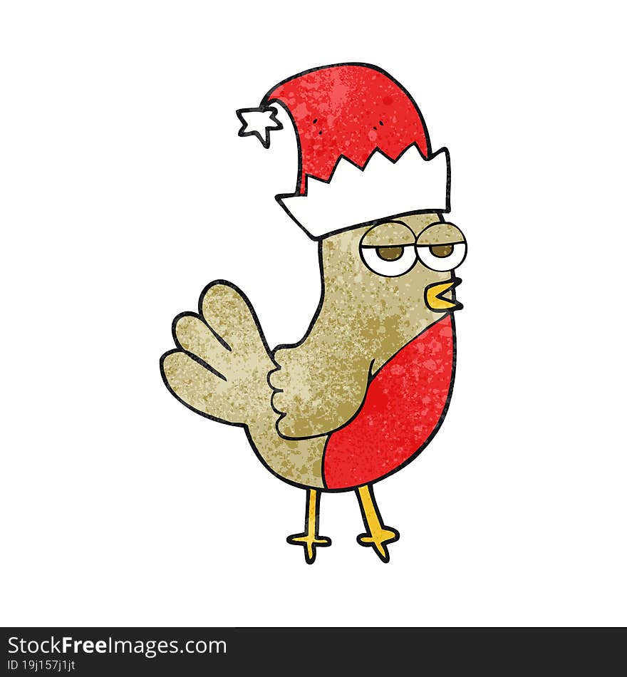 textured cartoon robin in christmas hat