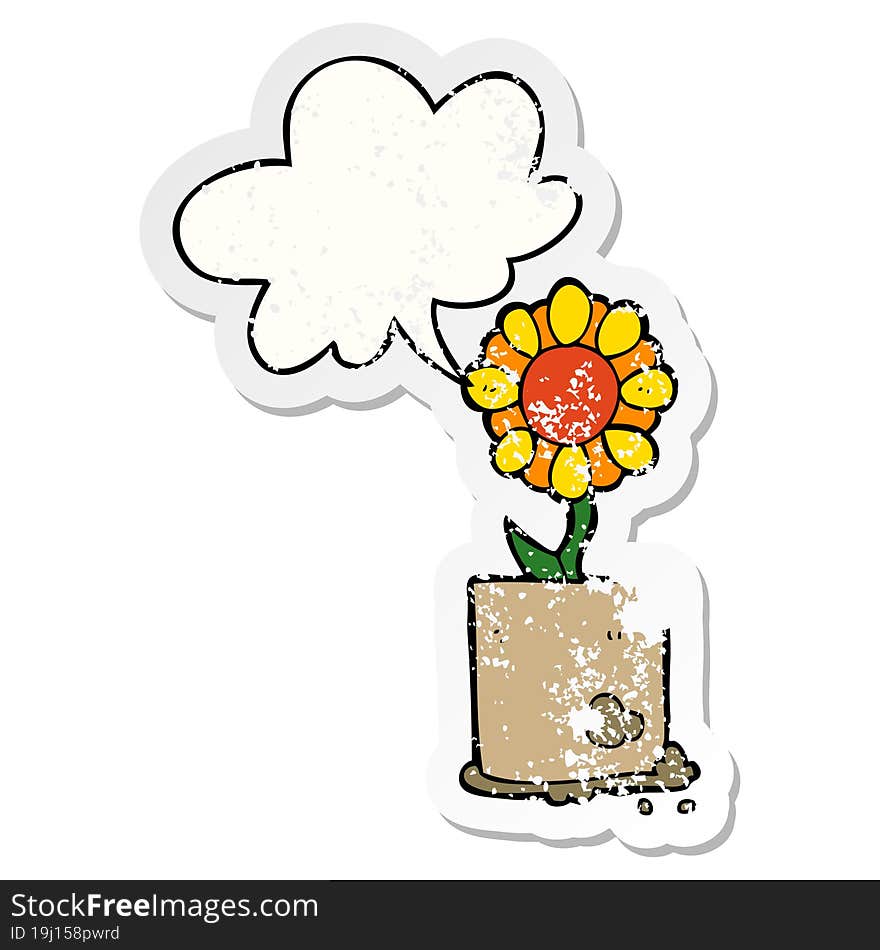 cartoon flower and speech bubble distressed sticker