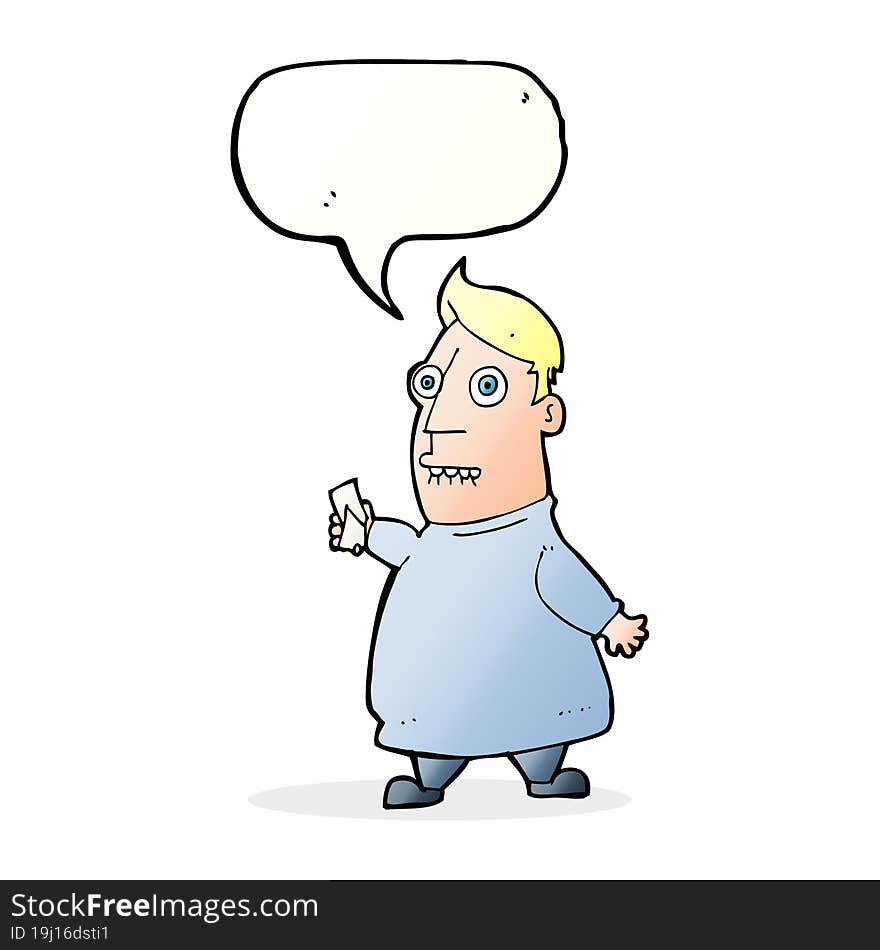 cartoon nervous man with tickets with speech bubble