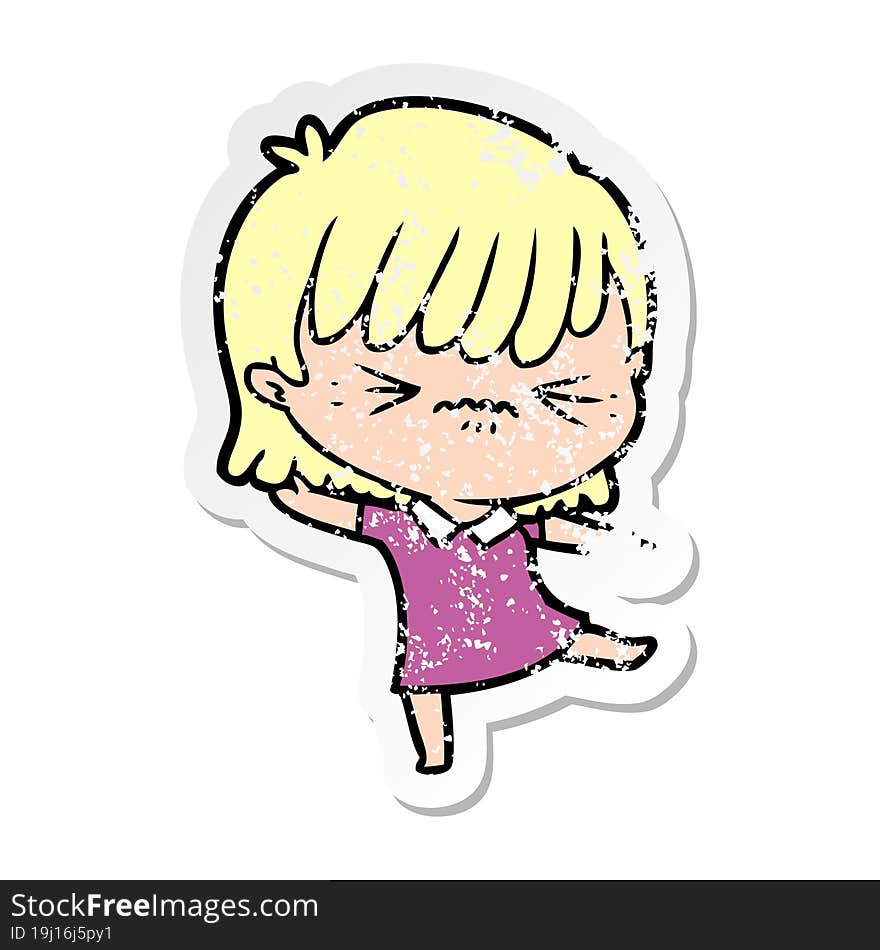 distressed sticker of a annoyed cartoon girl