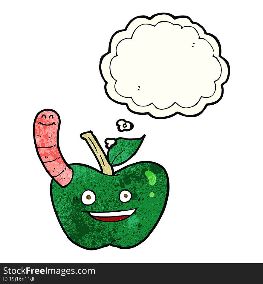 cartoon apple with worm with thought bubble