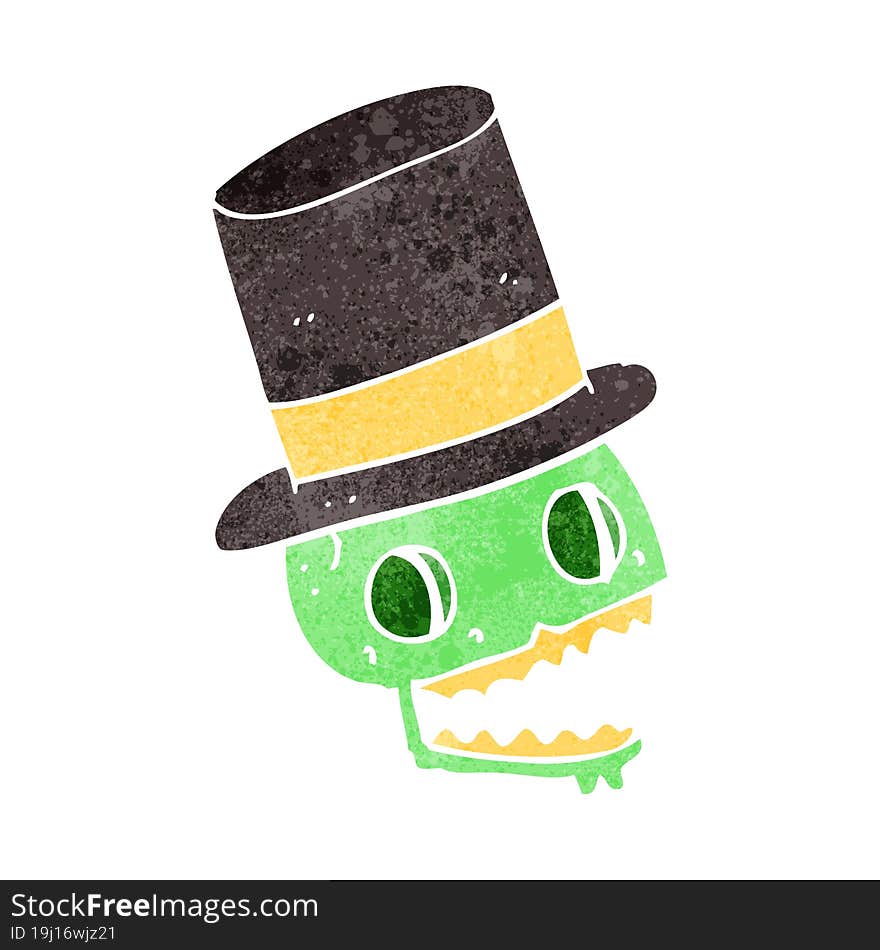 retro cartoon laughing skull in top hat