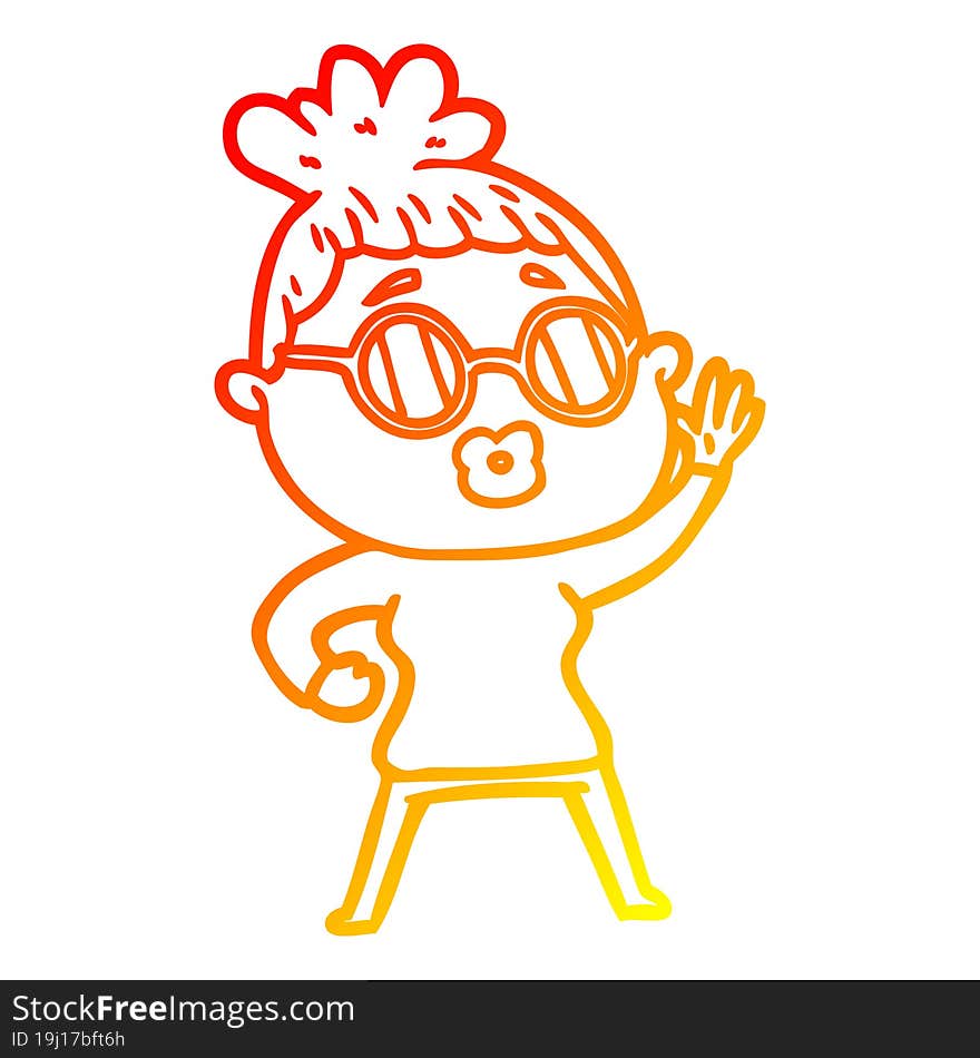 warm gradient line drawing cartoon waving woman wearing sunglasses