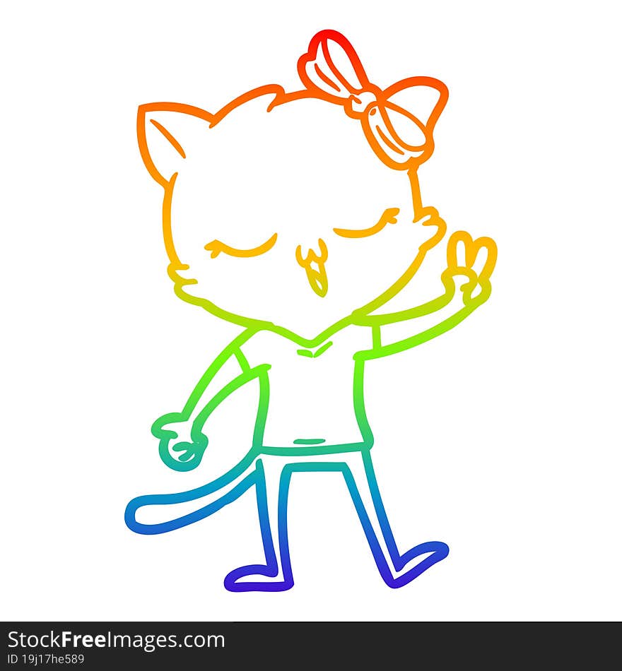 rainbow gradient line drawing cartoon cat with bow on head giving peace sign