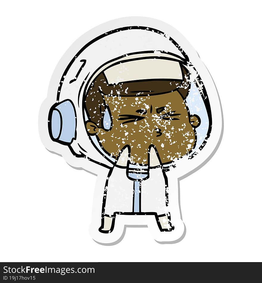 distressed sticker of a cartoon stressed astronaut