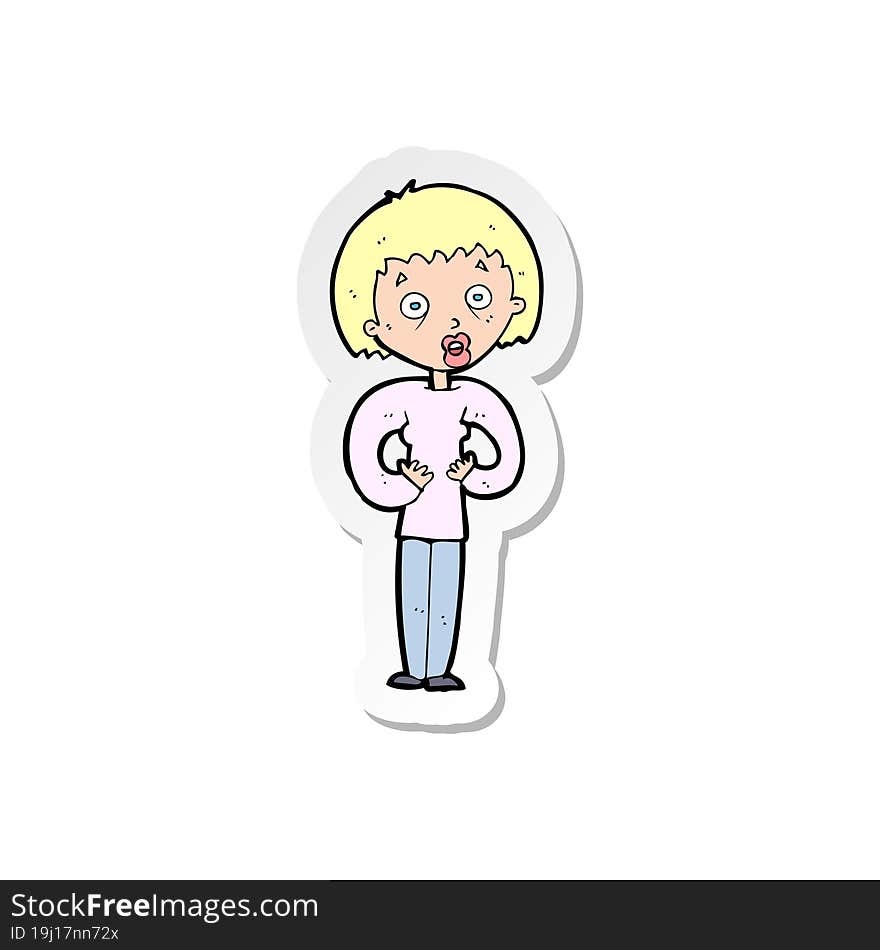 sticker of a cartoon woman gesturing at self