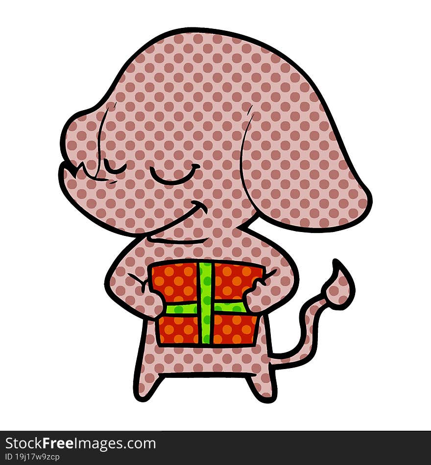 cartoon smiling elephant with present. cartoon smiling elephant with present