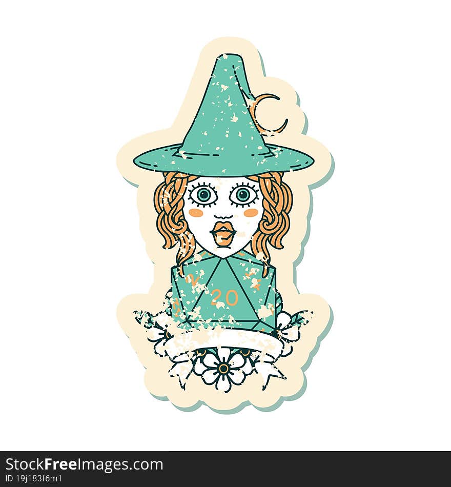 human witch with natural twenty dice roll illustration