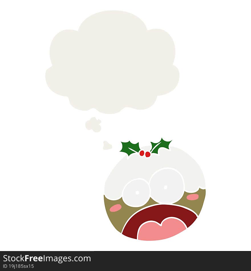 cartoon shocked chrstmas pudding and thought bubble in retro style