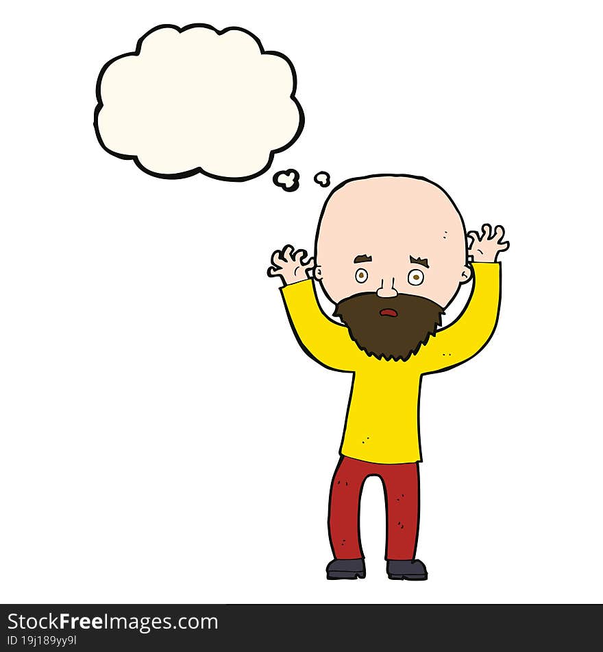 cartoon bearded man panicking with thought bubble