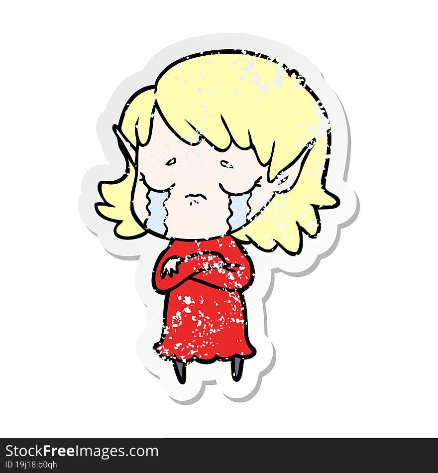 distressed sticker of a cartoon crying elf girl