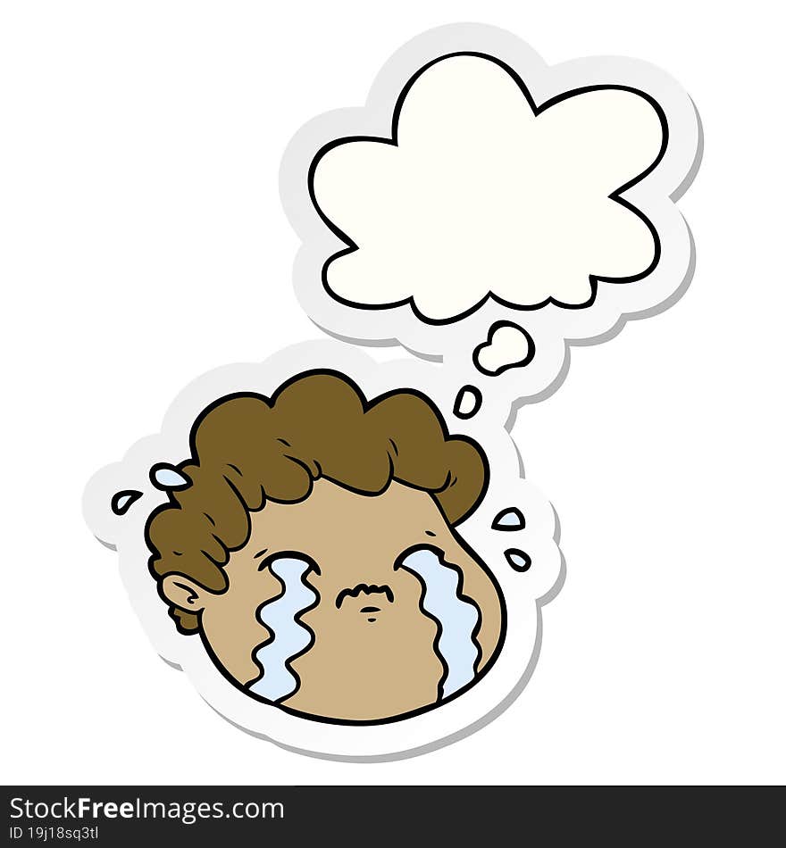 cartoon crying boy with thought bubble as a printed sticker