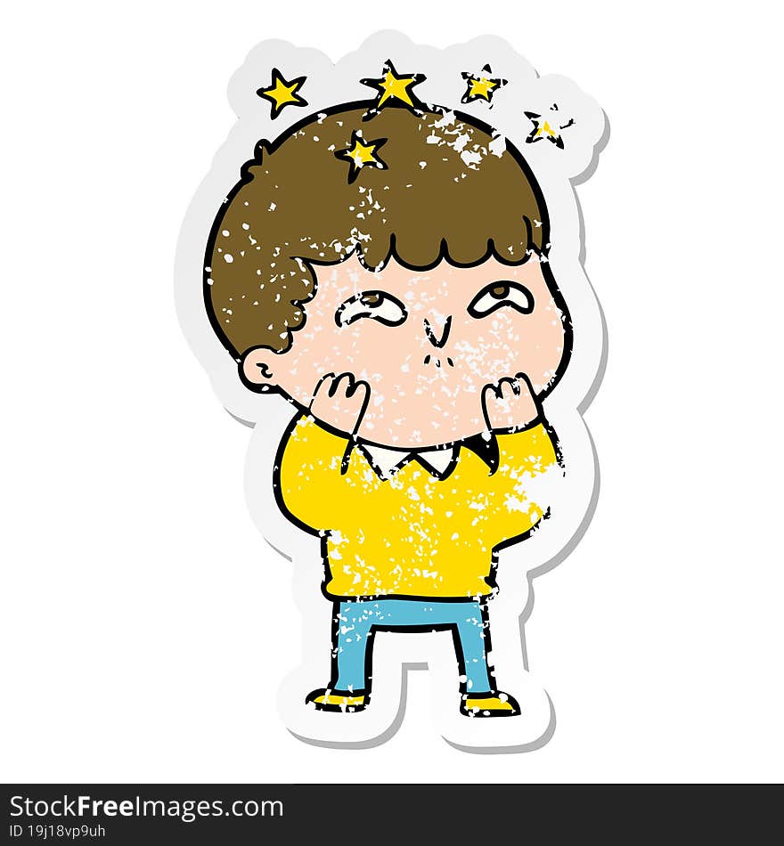 distressed sticker of a cartoon amazed boy