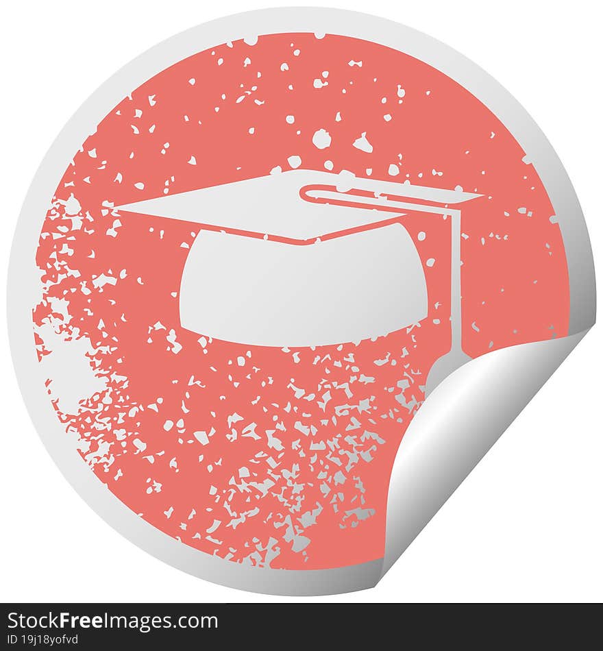 distressed circular peeling sticker symbol of a graduation hat