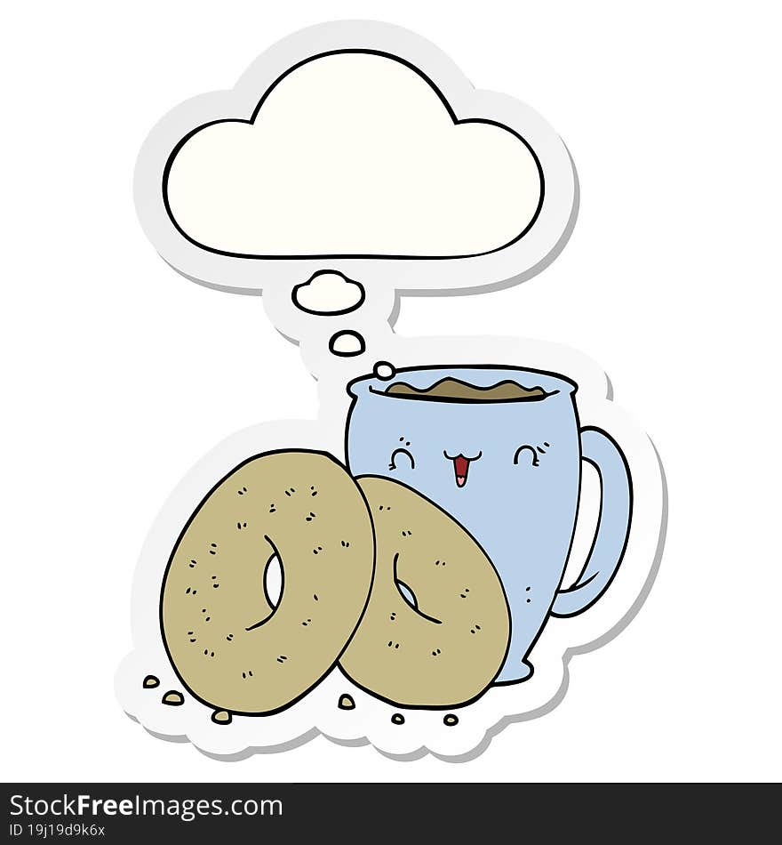 cartoon coffee and donuts with thought bubble as a printed sticker