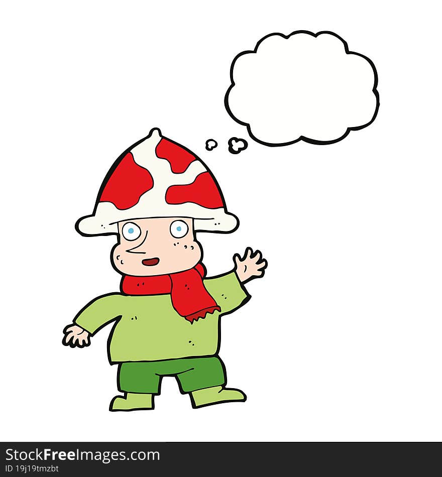 cartoon mushroom man with thought bubble