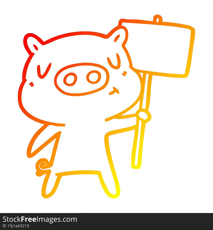 warm gradient line drawing of a cartoon content pig signpost;sign