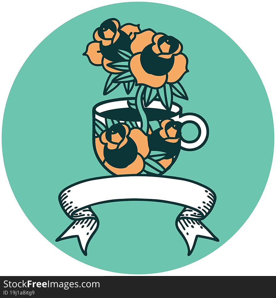 tattoo style icon with banner of a cup and flowers