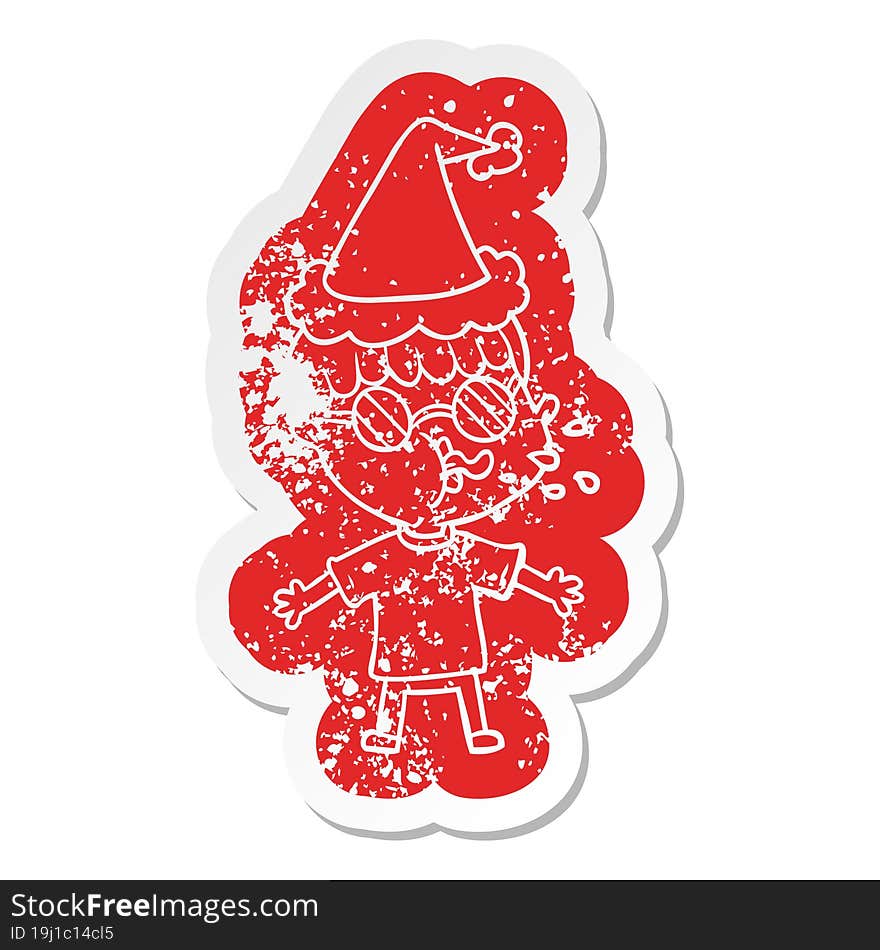 cartoon distressed sticker of a boy wearing spectacles wearing santa hat