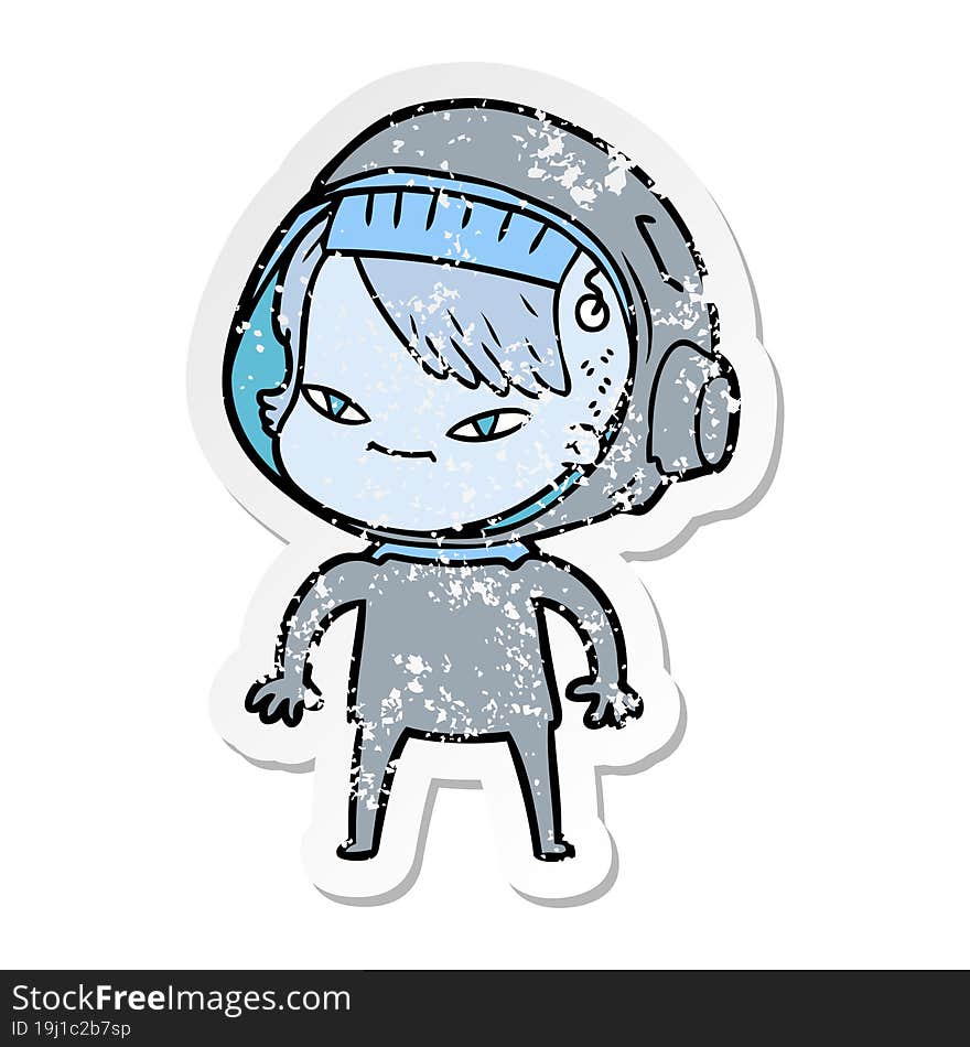 distressed sticker of a cartoon astronaut woman