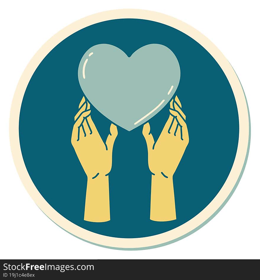 tattoo style sticker of a hands reaching for a heart