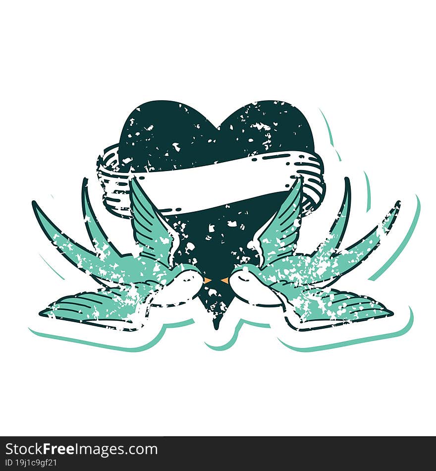 Distressed Sticker Tattoo Style Icon Of A Swallows And A Heart With Banner