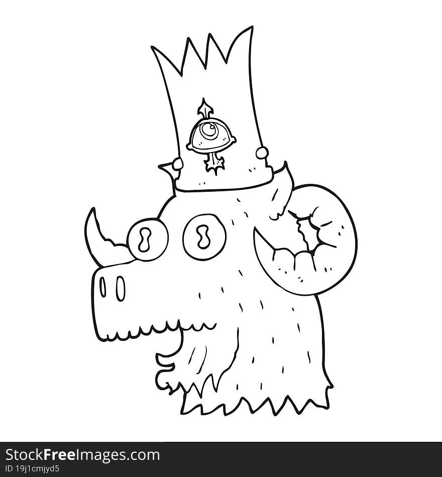 freehand drawn black and white cartoon ram head with magical crown