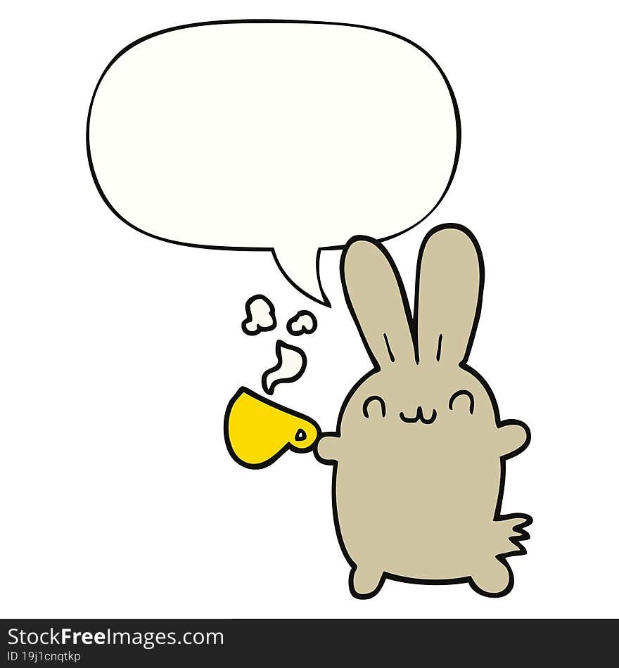 cute cartoon rabbit drinking coffee with speech bubble