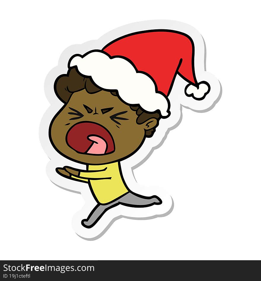 Sticker Cartoon Of A Furious Man Wearing Santa Hat