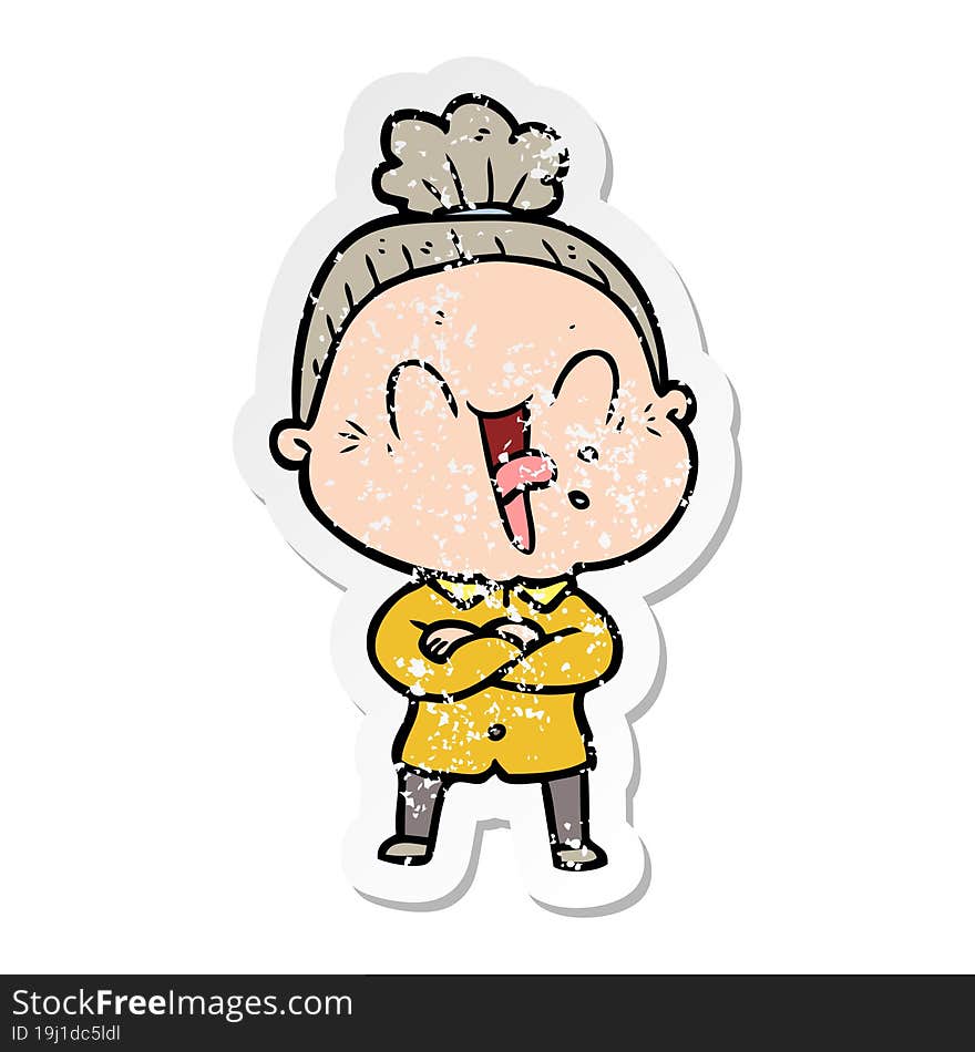 distressed sticker of a cartoon happy old woman