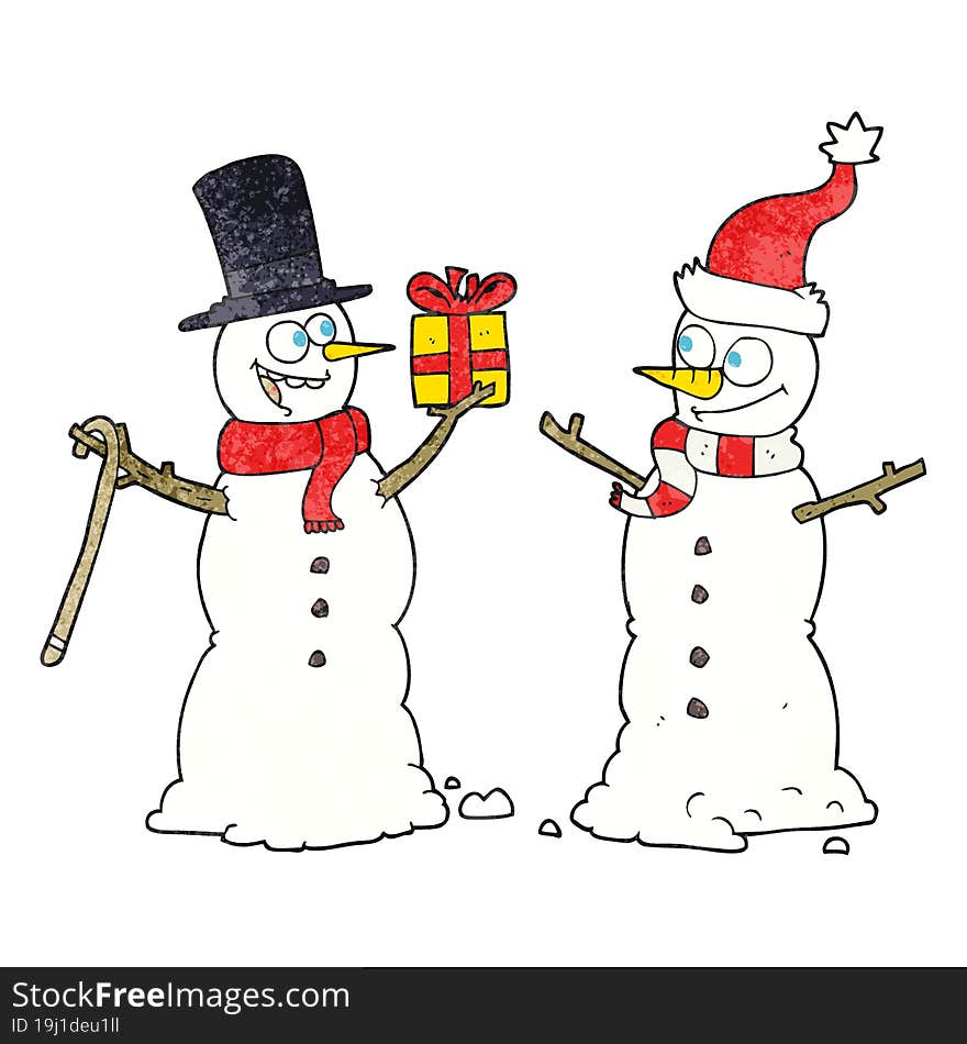 textured cartoon snowmen exchanging gifts