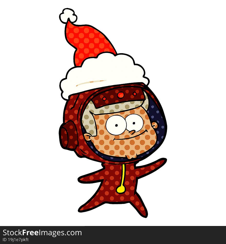 happy astronaut comic book style illustration of a wearing santa hat