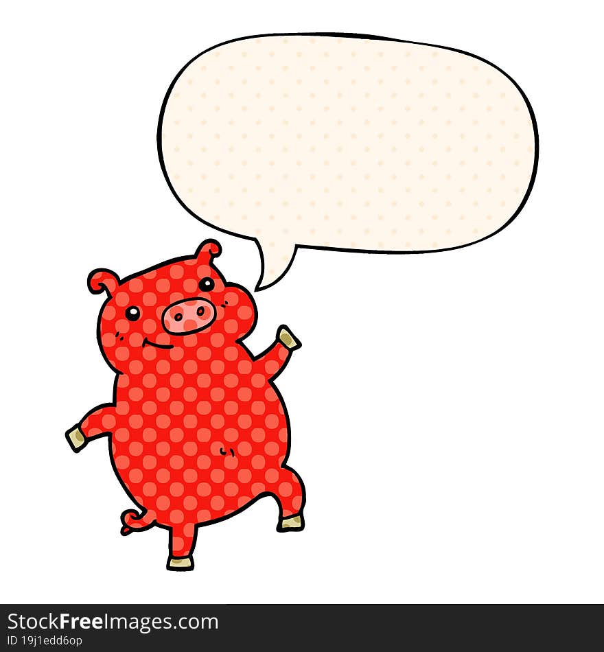 cartoon dancing pig and speech bubble in comic book style