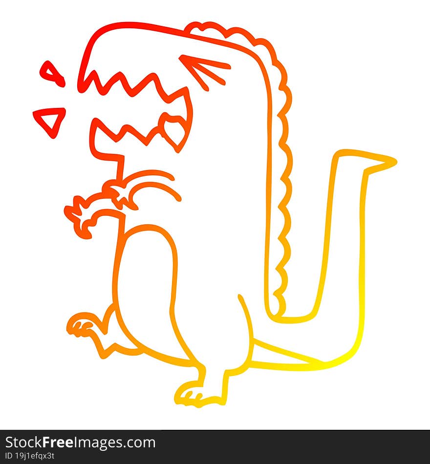 warm gradient line drawing of a cartoon roaring dinosaur