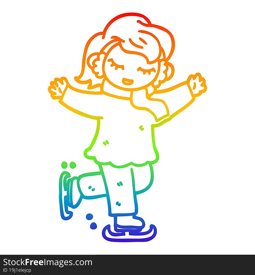 rainbow gradient line drawing of a cartoon girl ice skating