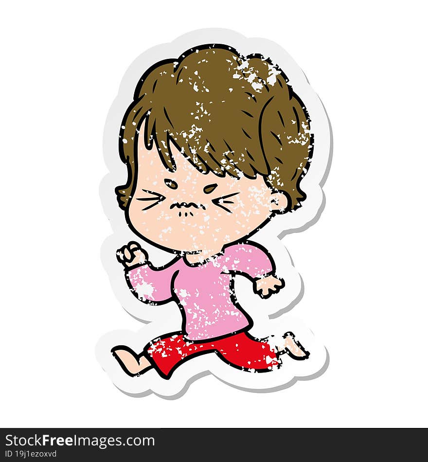 distressed sticker of a cartoon frustrated woman