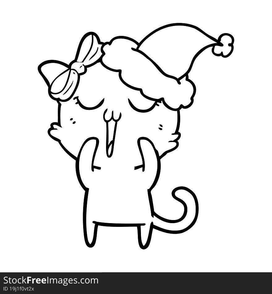 hand drawn line drawing of a cat wearing santa hat